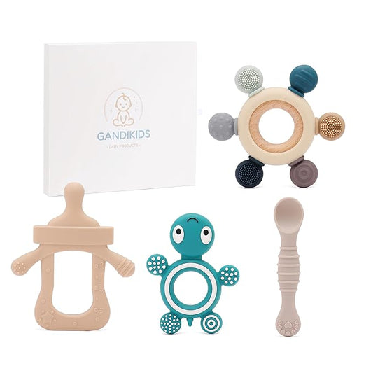Baby Silicone Teething Ring Teether Gift Set for Boys and 3 Months 4 Toys