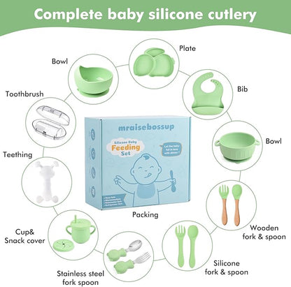 Silicone Baby Feeding Set 15 Pcs，Baby Spoons Suction Bowl Divided Plate Bib Cup Finger Brush Teething Teether，Baby Led Weaning Supplies,Baby & Toddler Silicone Plates and Bowls Dining Set（green）