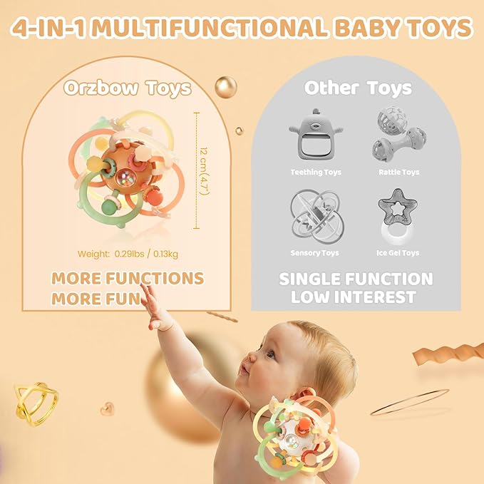Orzbow Baby Sensory Teething Teether Toys, Infant Montessori Toys 3-6-12-18 Months