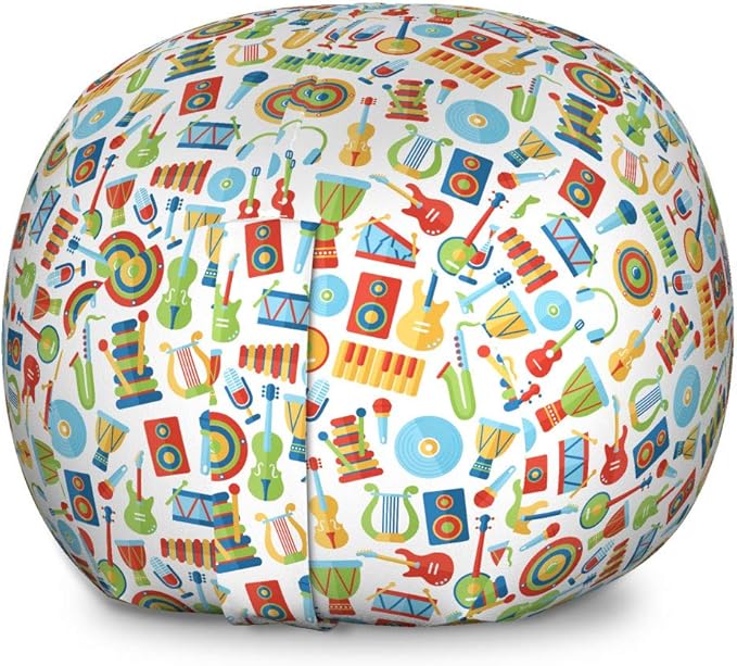 Lunarable Musical Storage Toy Bag Chair, Minimalist Flat Design of Lyre Harp Cymbal Xylophone Violin and Percussion Drums, Stuffed Animal Organizer Washable Bag, Large Size, Multicolor