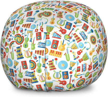 Lunarable Musical Storage Toy Bag Chair, Minimalist Flat Design of Lyre Harp Cymbal Xylophone Violin and Percussion Drums, Stuffed Animal Organizer Washable Bag, Large Size, Multicolor