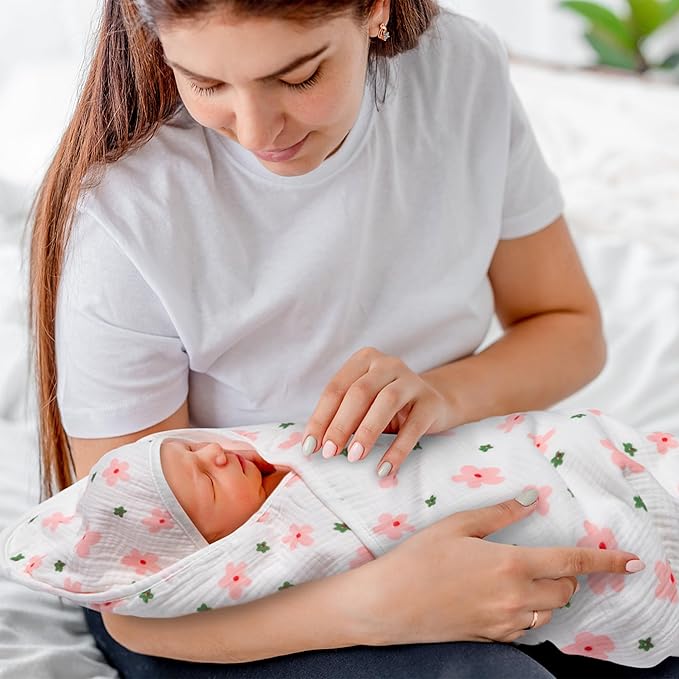 Zainpe 4Pcs Muslin Baby Hooded Towel & Washcloth Set Floral 31.5 x 31.5 in