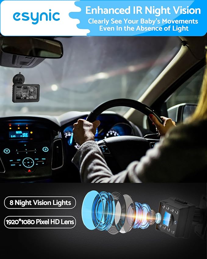 eSynic Baby Car Camera with 4.3 Inch Screen Backseat Baby Monitor 1080P HD Night Vision USB-Powered 360° Rotating Lens 150° Wide Angle 8 LEDs for Baby Car Seat Monitoring Driving Safety