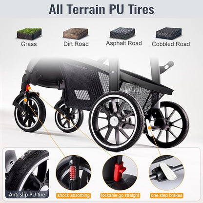 Baby Stroller, 2-in-1 Reversible ToddlerSeat with Lie-Flat Mode, Foldable Infant Stroller with Canopy, One Button Brake, Adjustable Handle, Newborn Pushchair (Gray B)