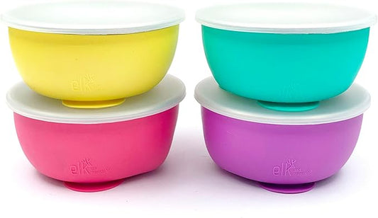 Elk and Friends Stainless Steel Bowls with Silicone Sleeve for Babies & Toddlers | Lids Included | Stay Put Suction | Cereal & Snack Bowls | 4 Pack