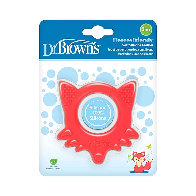 Dr. Brown's Flexees Friends Orange Fox, Soft 100% Silicone Baby Teether 3m+