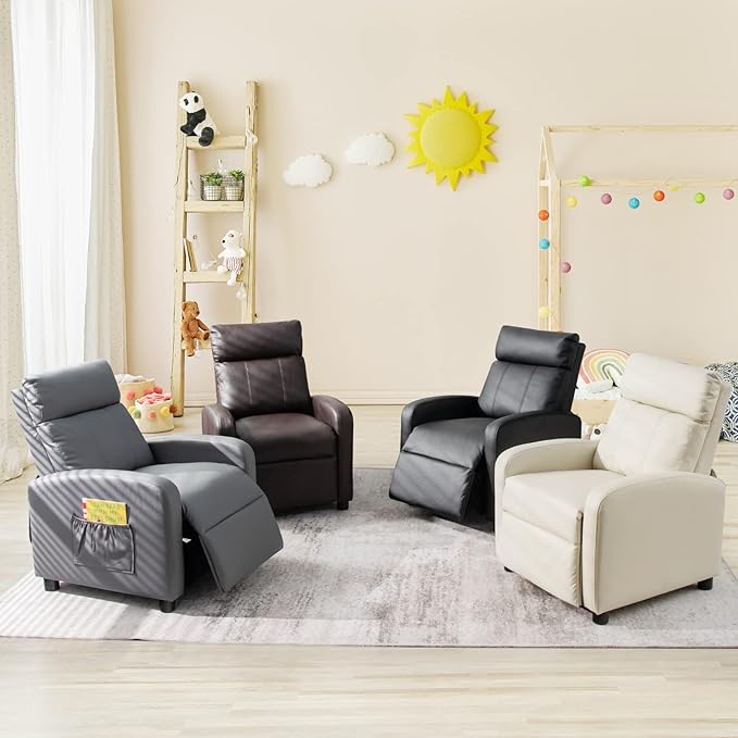 Costzon Kids Recliner, Adjustable PU Leather Lounge Chair w/Side Pockets, Footrest, Headrest for Kids Room & Play Room, Easy to Clean, Padded Recliner Sofa for Children Boys Girls Aged 3-12 (Beige)