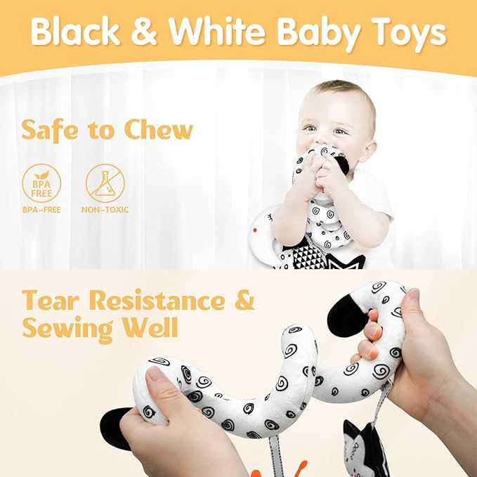 XIXILAND Car Seat Toys for Babies 0-6 Months Boys Girls, Black and White High Contrast Baby Toys 0-3 Months Carseat Toys for Infants 0-6 Months, Stroller Toys Newborn Infant Toys for 0-18 Months