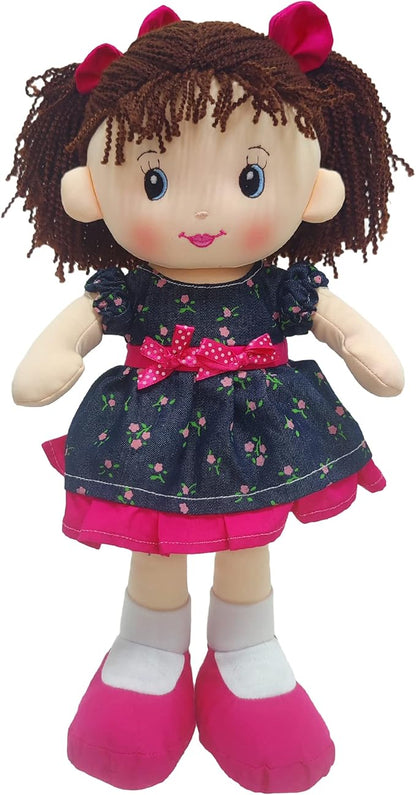 Linzy Plush 16" Libby Soft Plush Rag Doll with Navy Blue Dress and Printed Magenta Roses, Rag Doll for Girls (93864-2),L-93864-2