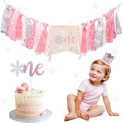 Winter Onederland Highchair Banner, Snowflake One Cake Topper Crown Hat