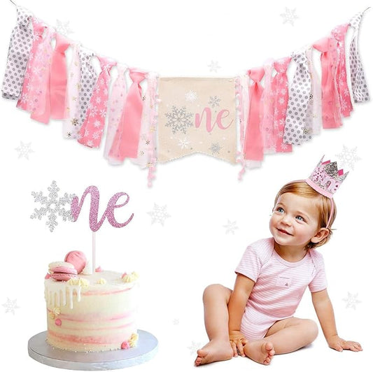 Winter Onederland Highchair Banner, Snowflake One Cake Topper Crown Hat