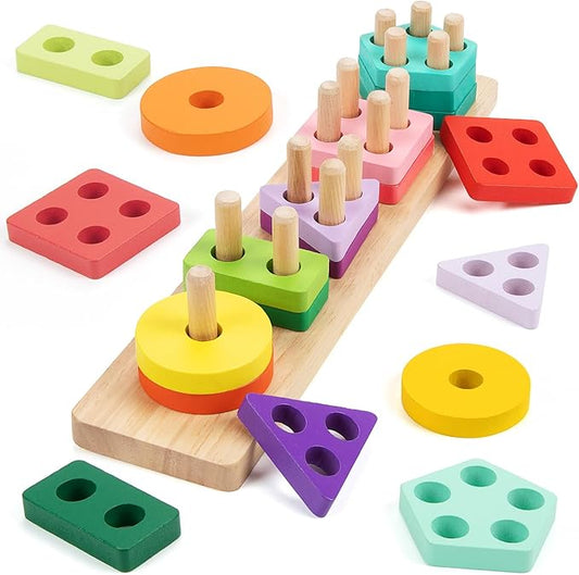 HONGTEYA Montessori Toys for 1 2 3 year old, Toddlers Wooden Sorting and Stacking Toys for Baby Boys and Girls 20 Color