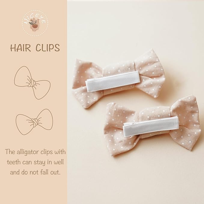 Niceye 12 Pairs Baby Hair Clips with Bow, Fully Lined Hair Bow Clips for Fine Hair Cotton Tiny Hair Barrettes for Infants