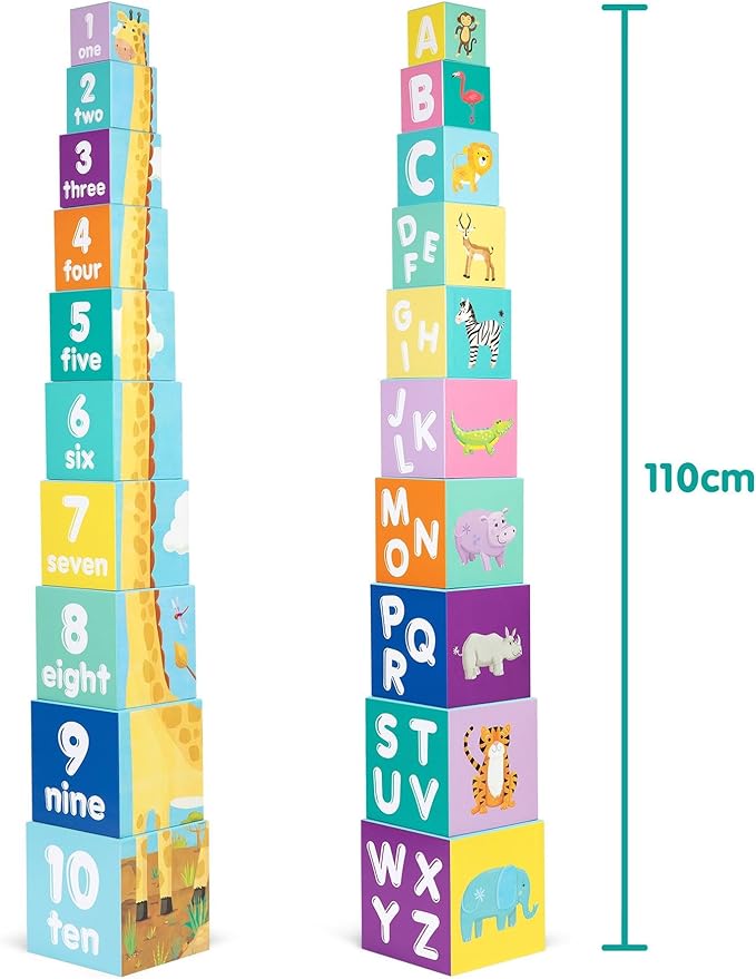 Baby Stacking Blocks Jungle Safari Animal Toys with Letters and Numbers, Montessori Cubes for Toddlers