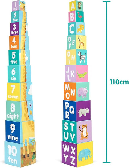 Baby Stacking Blocks Jungle Safari Animal Toys with Letters and Numbers, Montessori Cubes for Toddlers