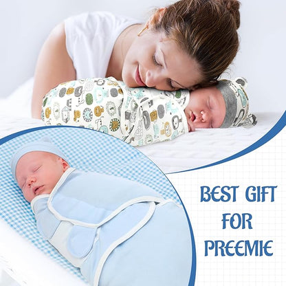 Buryeah 4 Pack Preemie Swaddle Blanket Wrap Set with Hat for Baby Boys Girls 3-7 Lbs Preemie Newborn Clothes Sleepers Cap