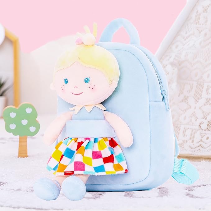 Onetoo Toddler Kids Backpack with Soft Baby Dolls in Plaid 9.5"