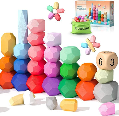 Toddler Toys Wooden Stacking Rocks Big Dice Set, Preschool Learning Activities Classroom Supplies Building Blocks 1+ Year