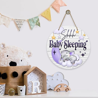 Deroro Shhh Baby Sleeping Front Door Sign, Elephant Purple Moon Cloud Stars Wood Door Hanger Outdoor Porch Nursery Decor