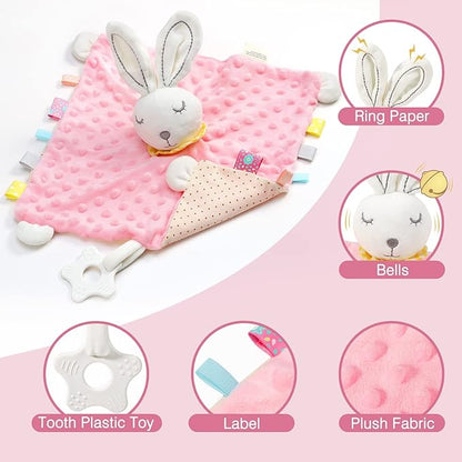 Zooawa Loveys for Babies, Security Blanket Soft Stuffed Animal Bunny Lovey Unisex Lovie Baby Stuff Snuggle Blanket with Tags Teether Bells
