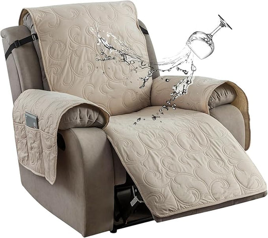 100% Waterproof Recliner Chair Cover, Recliner Chair Covers for Reclining Chair, Non-Slip Fabric Recliner Couch Cover for Living Room, for Pets Kids Protector, Washable (Beige, 28"Recliner Chair)