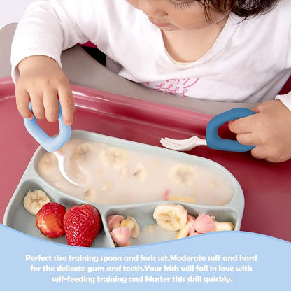 Baby Self Feeding Training Spoon and Fork Set with Travel Case, BPA-Free Cute Circle Toddler Training Utensils, Silicone/ABS Great Tableware Set Spoons Fork for Kids(Blue & Light blue)