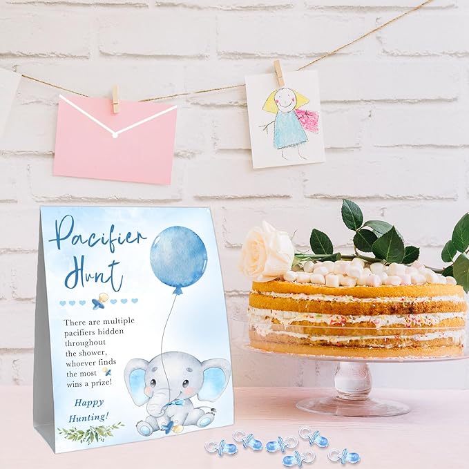 51Pcs Cute Elephant Decor Baby Shower Games, Include Baby Pacifier Hunt Sign and 50 Blue Mini Pacifiers