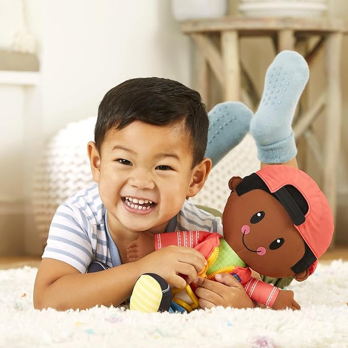 Playskool Dressy Kids Doll with Black Hair and Hat, Activity Plush Toy with Zipper 2 and