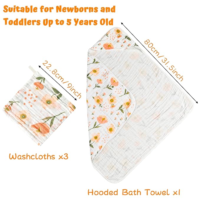 Zainpe 4Pcs Muslin Baby Hooded Towel & Washcloth Set Flowers 31.5 X 31.5 in