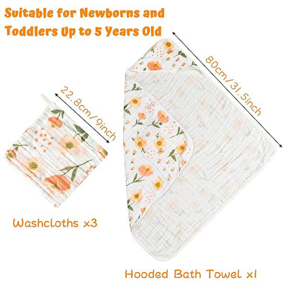 Zainpe 4Pcs Muslin Baby Hooded Towel & Washcloth Set Flowers 31.5 X 31.5 in