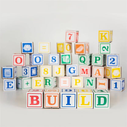 Bankers Box at Play Cardboard ABC/123 Building Learning Blocks, 50 Pack, Larger 3"x 3" Montessori Toy Blocks for Kids and Families
