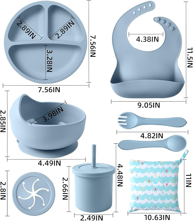 Silicone Baby Feeding Set, 10 Pcs Baby Led Weaning Supplies with Suction Bowl Divided Plate Adjustable Bib Soft Spoon Fork Snack Cup with Lid Drinking Cup, Utensil (Blue)