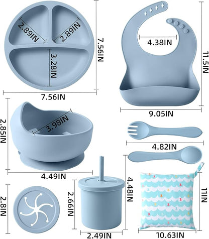 Silicone Baby Feeding Set, 10 Pcs Baby Led Weaning Supplies with Suction Bowl Divided Plate Adjustable Bib Soft Spoon Fork Snack Cup with Lid Drinking Cup, Utensil (Blue)