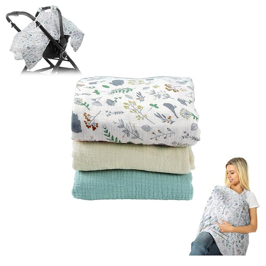 Muslin Swaddle Blanket 3 Piece Set, Breathable Multi-Functional Baby Blanket Neutral, Unisex Newborn Receiving Blankets, 49'' x 47'' Muslin Baby Car Seat Cover, Nursing Covers Newborn