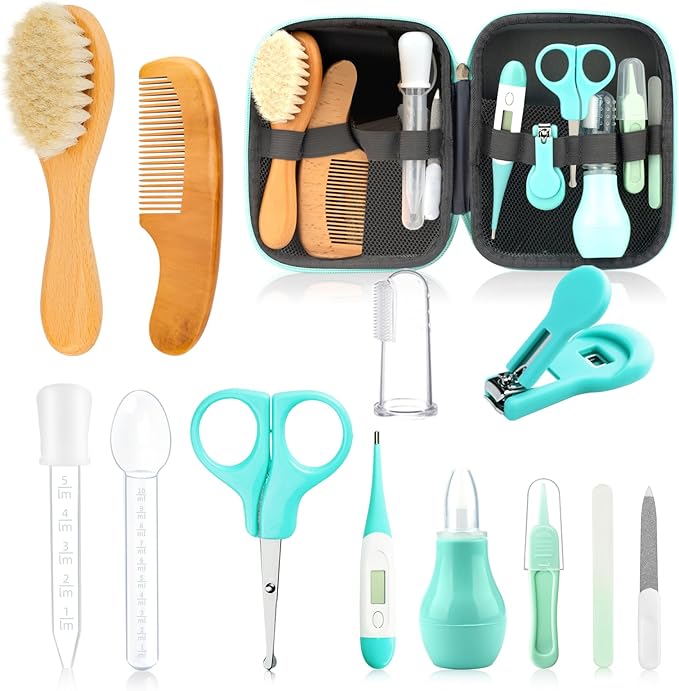 Baby Grooming Kit, Infant Safety Care Set with Hair Brush Comb Nail Clipper Nasal Aspirator,Baby Essentials Kit for Newborn Girls Boys (13 Pc Green Kit)