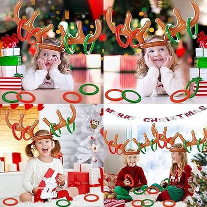 Inflatable Reindeer Antler Toss Headband Game Christmas Toy, for Kids Adults Family Christmas Party Favors Outdoor Indoor Ring Toss Xmas Games 2 Antlers 8 Rings 1 Air