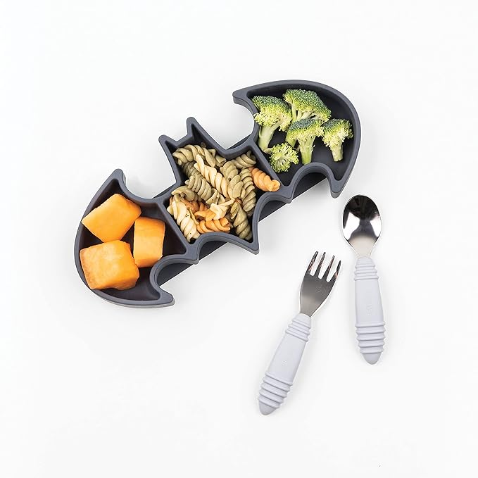 Bumkins Toddler and Baby Suction Plate, Silicone Grip Dish, Babies and Kids, Baby Led Weaning, Children Feeding Supplies, Non Skid Sticky Bottom, Platinum Silicone, Ages 6 Months Up, Batman Gray