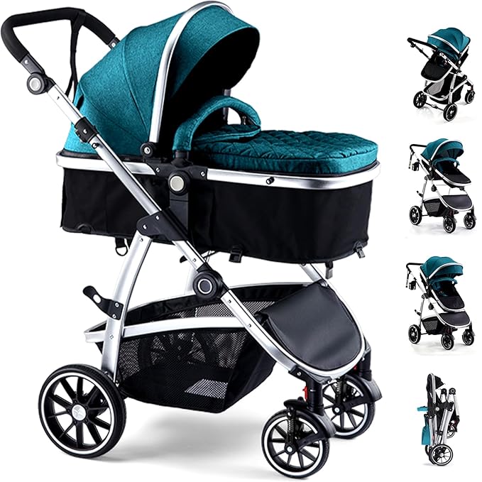 Baby Stroller, 2-in-1 Reversible Toddler Seat with Lie-Flat Mode, Foldable Infant Stroller with Canopy, One Button Brake, Adjustable Handle, Newborn Pushchair(Blue)