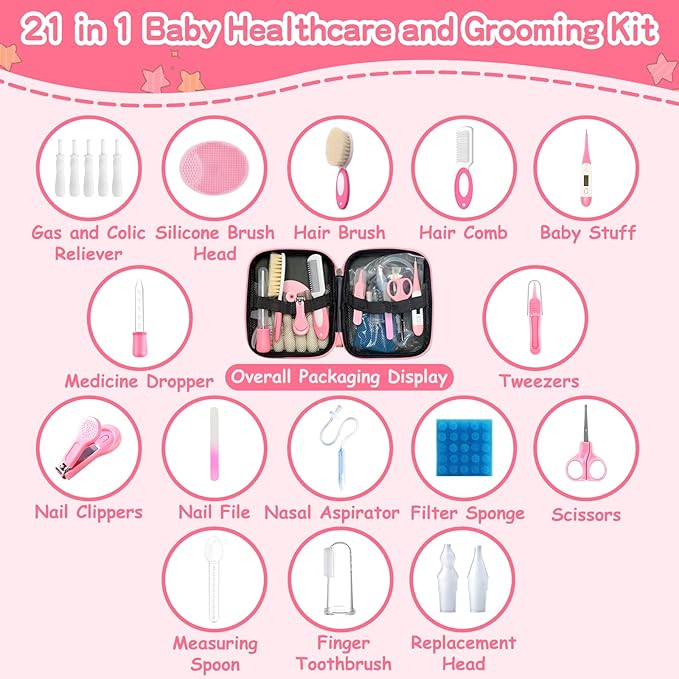 Baby Healthcare and Grooming Kit, 21 in 1 Portable Baby Essentials Kit with Gas Relief Hair Brush Comb Nasal Aspirator for Newborn Boys Girls (Pink)