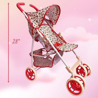 Baby Doll Stroller for Toddler Girls & Big Kids up to 8 Years Old | 28” Baby Stroller for Dolls, Toy Baby Stroller with Cute Coral Floral Print