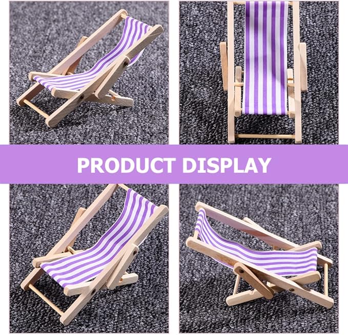 STOBOK Beach Accessories 3 Pcs Miniature Beach Chair Foldable Wooden Beach Chair Mini Lounge Chair Model Stripe Sunbath Chair and Desk Set Adorn for Kids Adults (Purple) Tiny Home