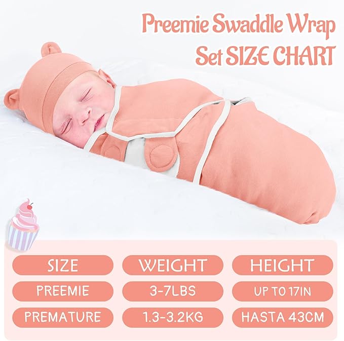 Buryeah 4 Pack Preemie Swaddle Blanket Wrap Set with Hat for Baby Boys Girls 3-7 Lbs Preemie Newborn Clothes Sleepers Cap