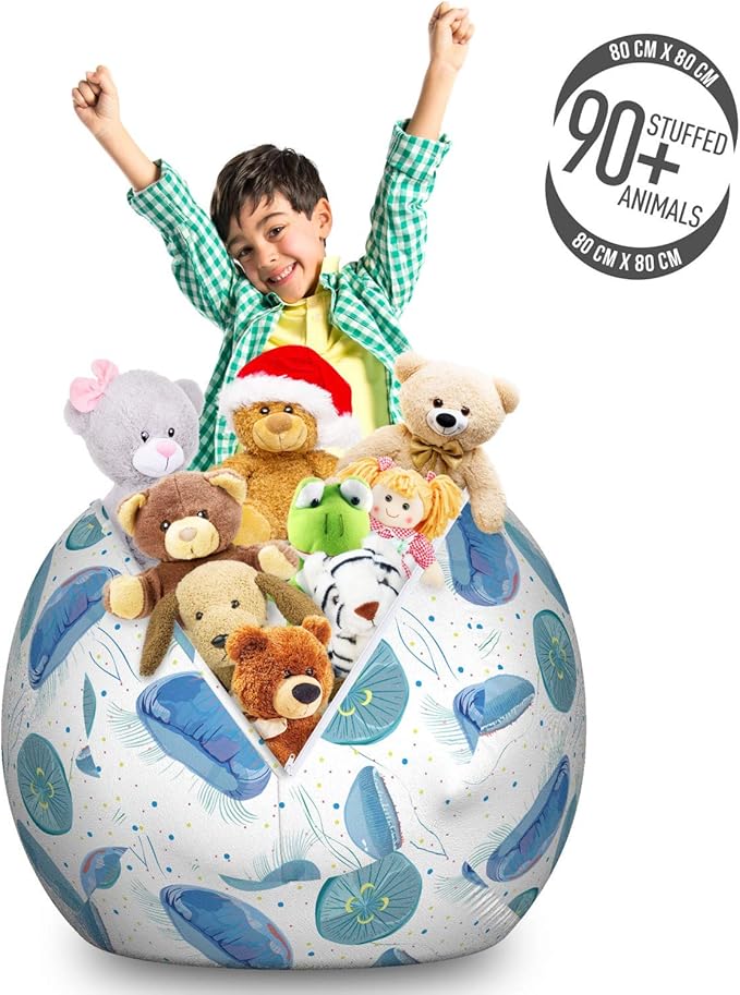 Lunarable Nautical Storage Toy Bag Chair, Jellyfish Pattern with Spotted Background Ocean Creatures Ornamental Sea Life, Stuffed Animal Organizer Washable Bag, Large Size, Pale Blue