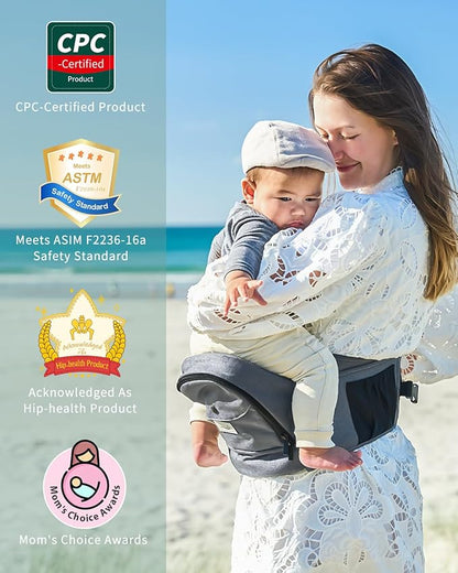 Baby Hip Carrier, GROWNSY Ergonomic Hip Seat Baby Carrier with Multiple Pockets, Adjustable Extended Waistband for Newborns & Toddlers up to 50 lbs, Light Grey