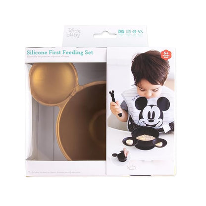 Bumkins Disney Baby Bowl, Silicone Feeding Set with Suction for Baby and Toddler, Includes Spoon, First Feeding Set, Essentials for Baby Led Weaning for Babies Eating 4 Months Up, Minnie Mouse Gold
