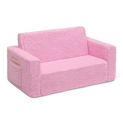 Delta Children Cozee Flip-Out Sherpa 2-in-1 Convertible Sofa to Lounger for Kids, Pink