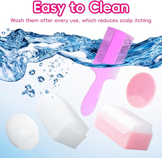 Cradle Cap Brush for Babies, Set of 5 Baby Bath Essentials with Bath Sponge Silicone Scrubber Long Handle Comb for Newborns Toddlers Boys Girls (Pink)