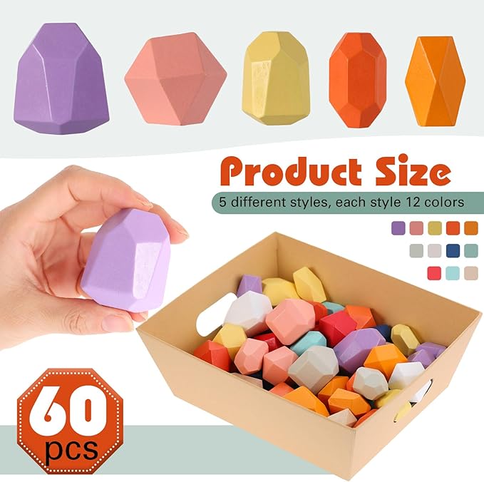 60 Pcs Stacking Rocks Montessori Toys for 1+ Year Old