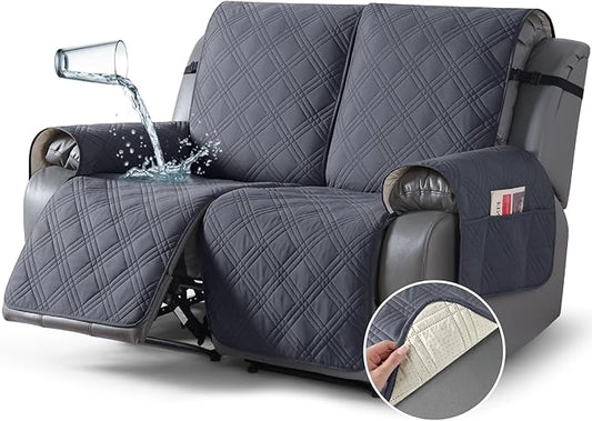 TAOCOCO 100% Waterproof Loveseat Recliner Cover, Non Slip Split Recliner Couch Covers for 2 Cushion Couch with Elastic Straps, Washable Recliner Chair/Furniture Protector for Pets(2 Seater, Dark Grey)