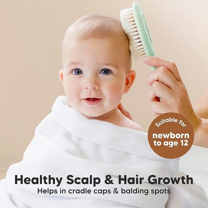 Wooden Baby Hair Brush - Cradle Cap Baby Brush with Soft Goat Bristles, Perfect Gentle Scalp Newborn Comb for Infant, Girls, Boys, Bath Essentials (Sage, Oval)